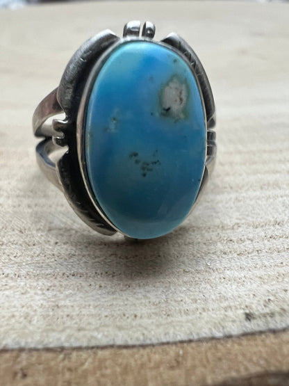 Randy Billy Navajo Sterling Silver Ring with Golden Hills Turquoise — Size 9 (Hallmark RB + Sterling)