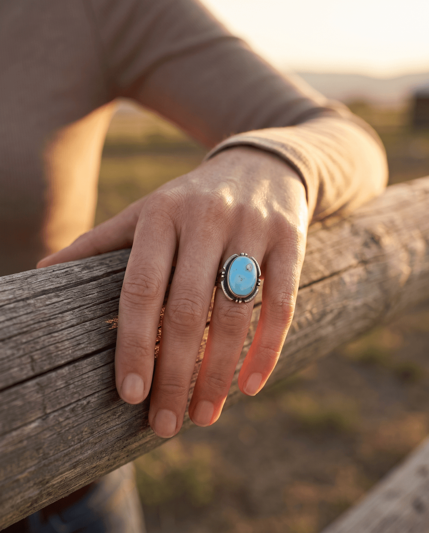 Randy Billy Navajo Sterling Silver Ring with Golden Hills Turquoise — Size 9 (Hallmark RB + Sterling)