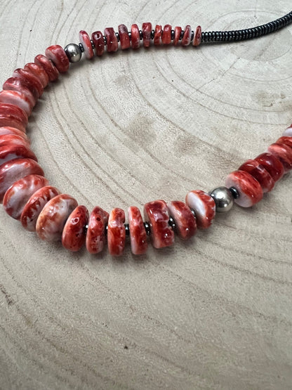 Red Spiny Oyster & Black Hematite Graduated Necklace with Sterling Pearl Accents — 23.5 inch