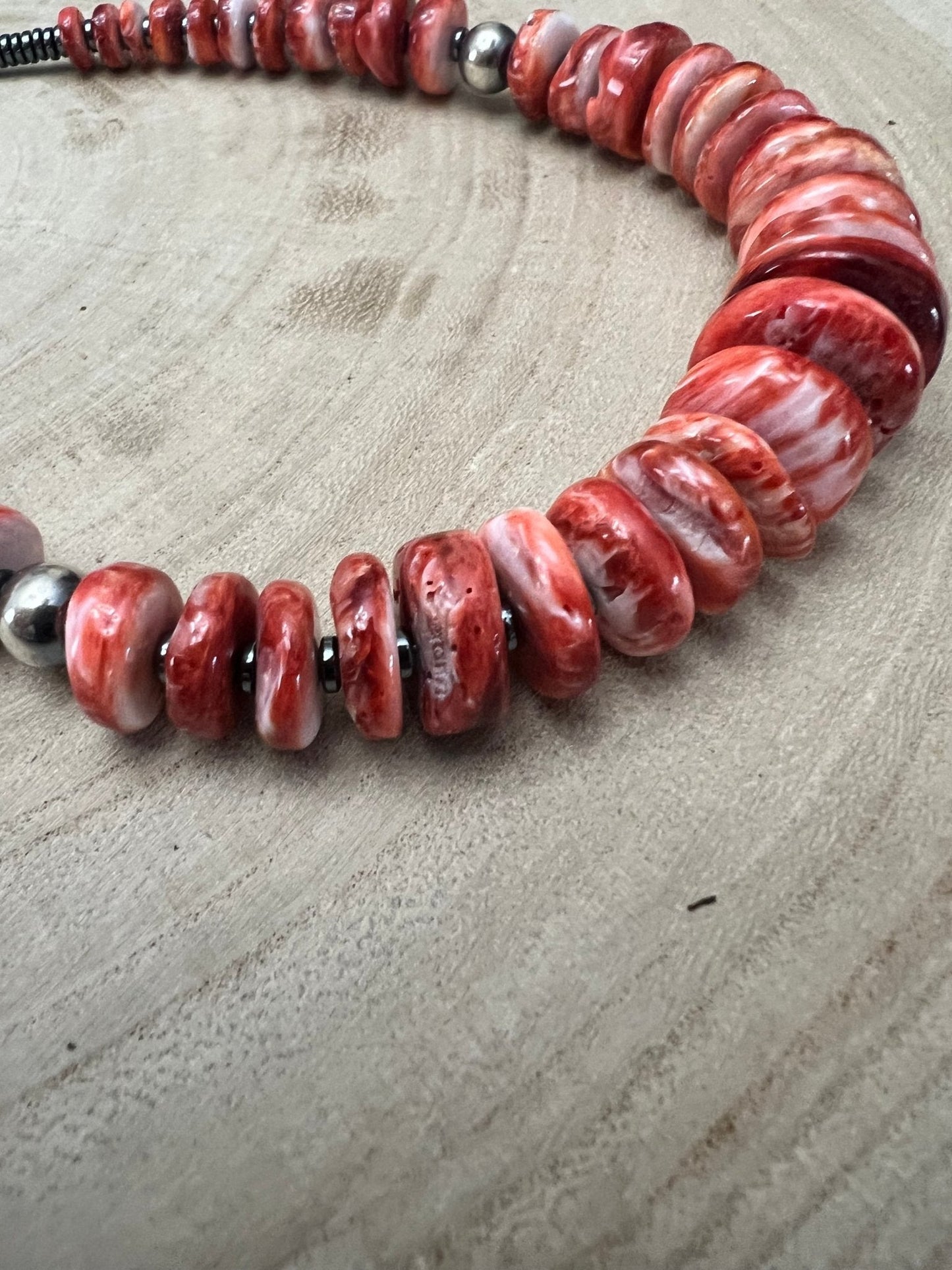 Red Spiny Oyster & Black Hematite Graduated Necklace with Sterling Pearl Accents — 23.5 inch