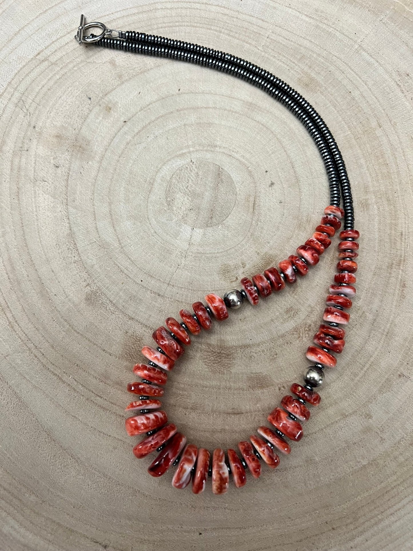 Red Spiny Oyster & Black Hematite Graduated Necklace with Sterling Pearl Accents — 23.5 inch