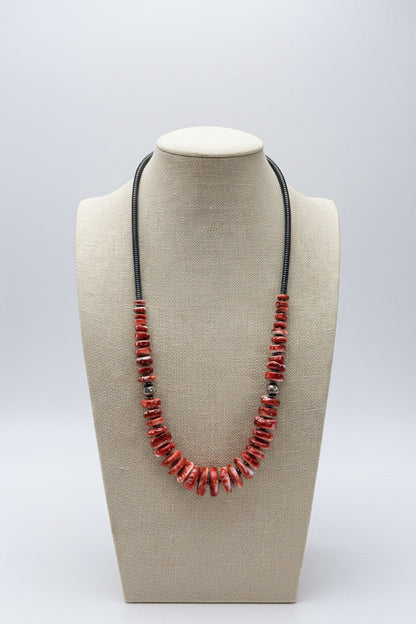Red Spiny Oyster & Black Hematite Graduated Necklace with Sterling Pearl Accents — 23.5 inch