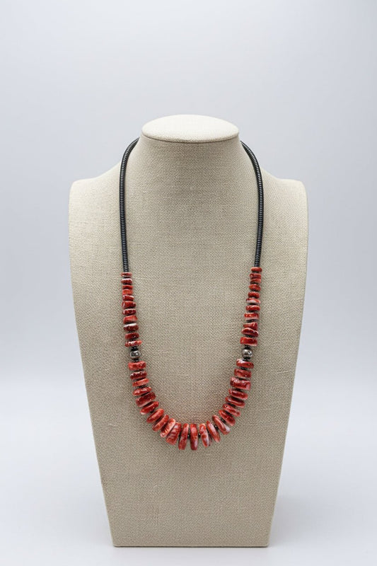 Red Spiny Oyster & Black Hematite Graduated Necklace with Sterling Pearl Accents — 23.5 inch