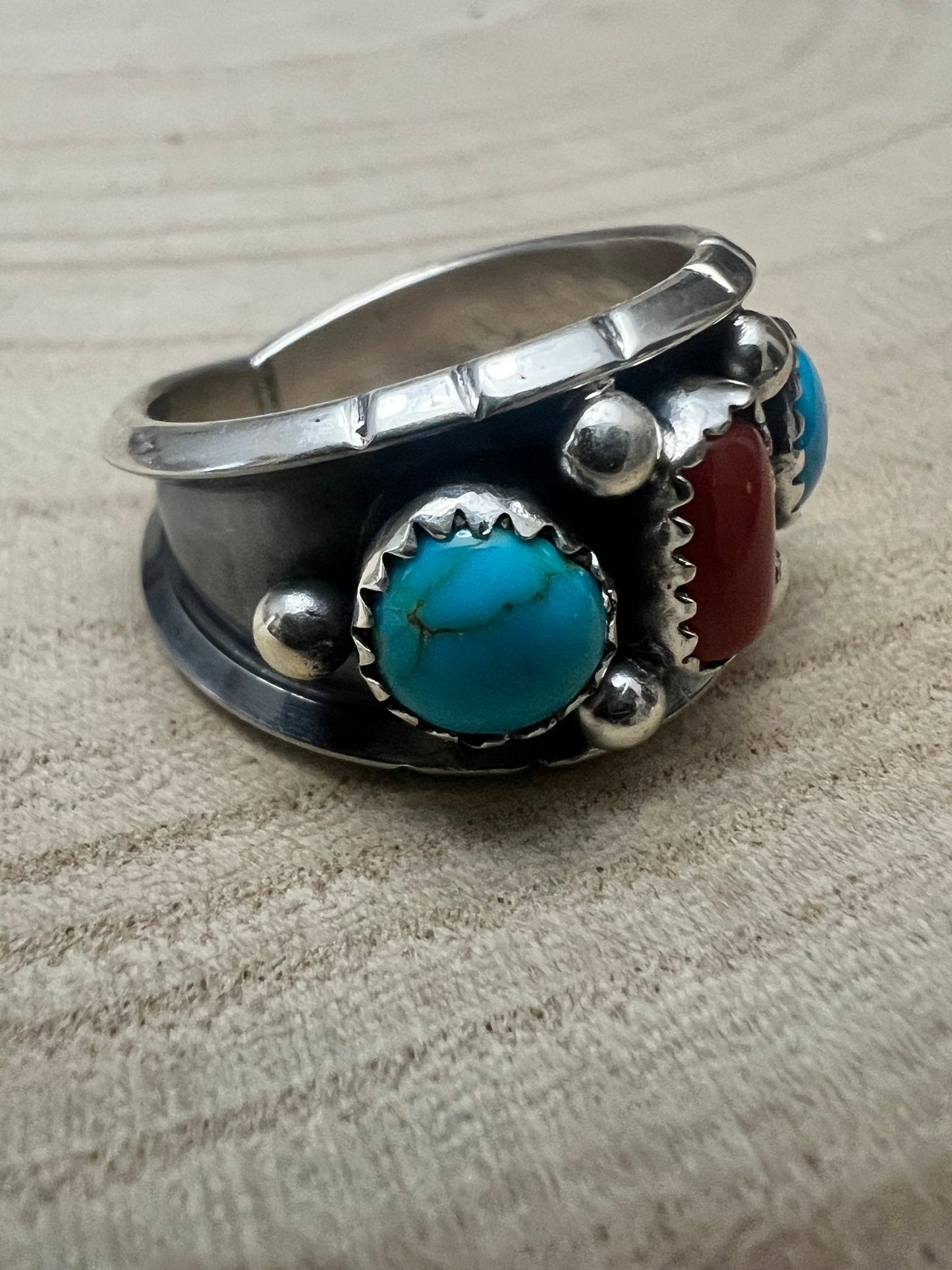 Reed Charley Navajo Kingman Turquoise & Coral Sterling Silver Ring