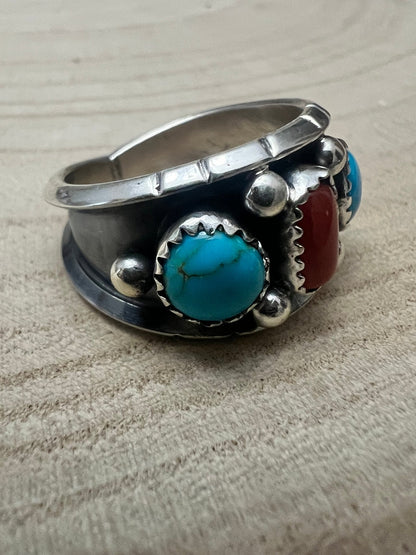 Reed Charley Navajo Kingman Turquoise & Coral Sterling Silver Ring