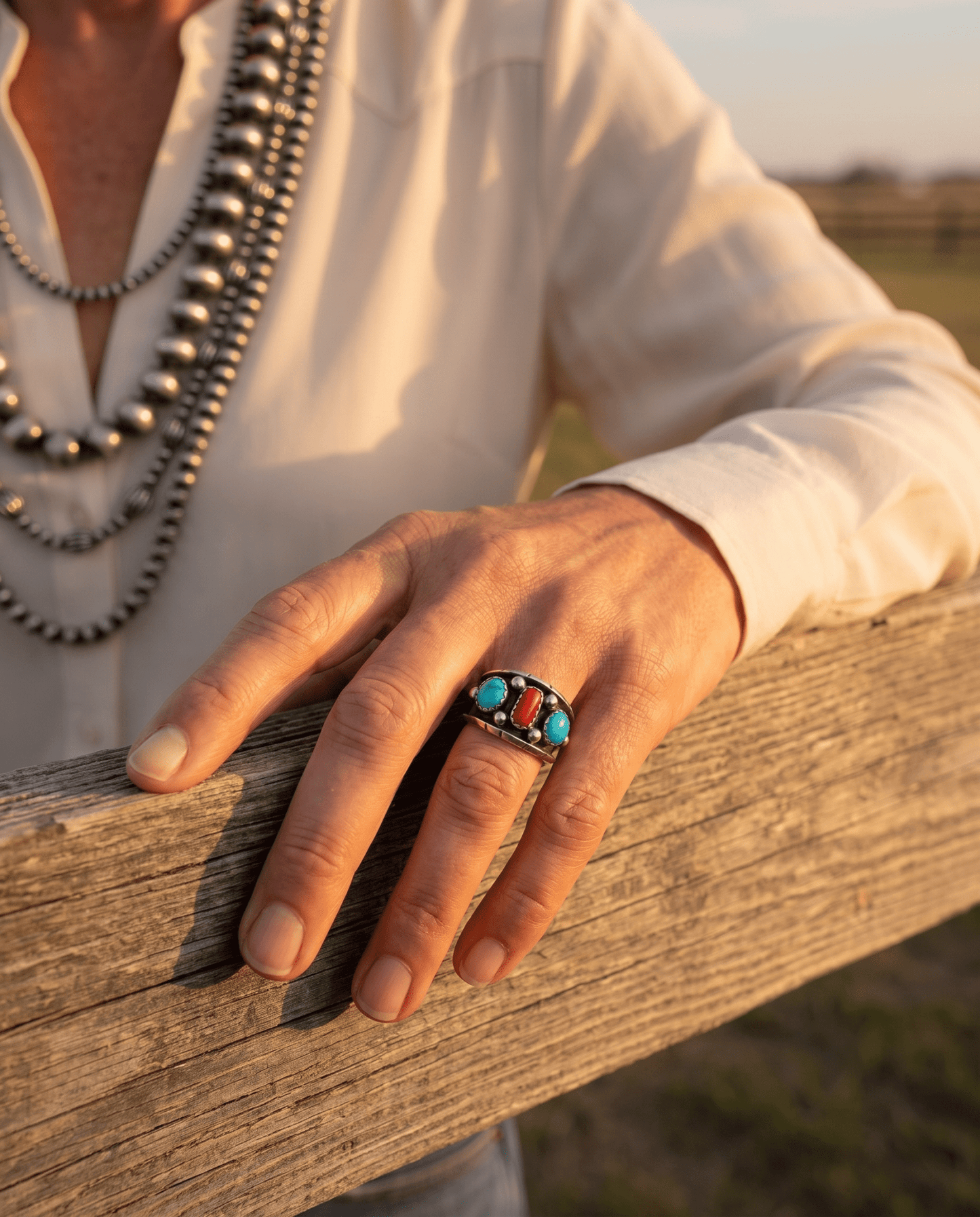 Reed Charley Navajo Kingman Turquoise & Coral Sterling Silver Ring