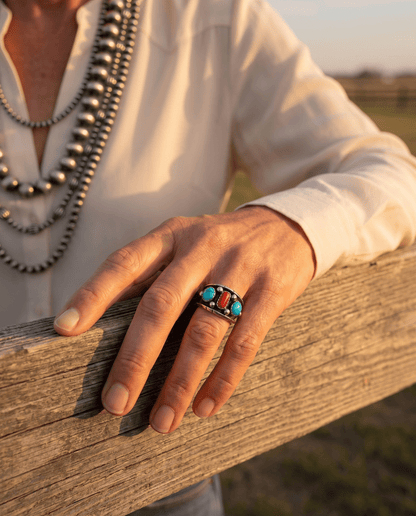 Reed Charley Navajo Kingman Turquoise & Coral Sterling Silver Ring