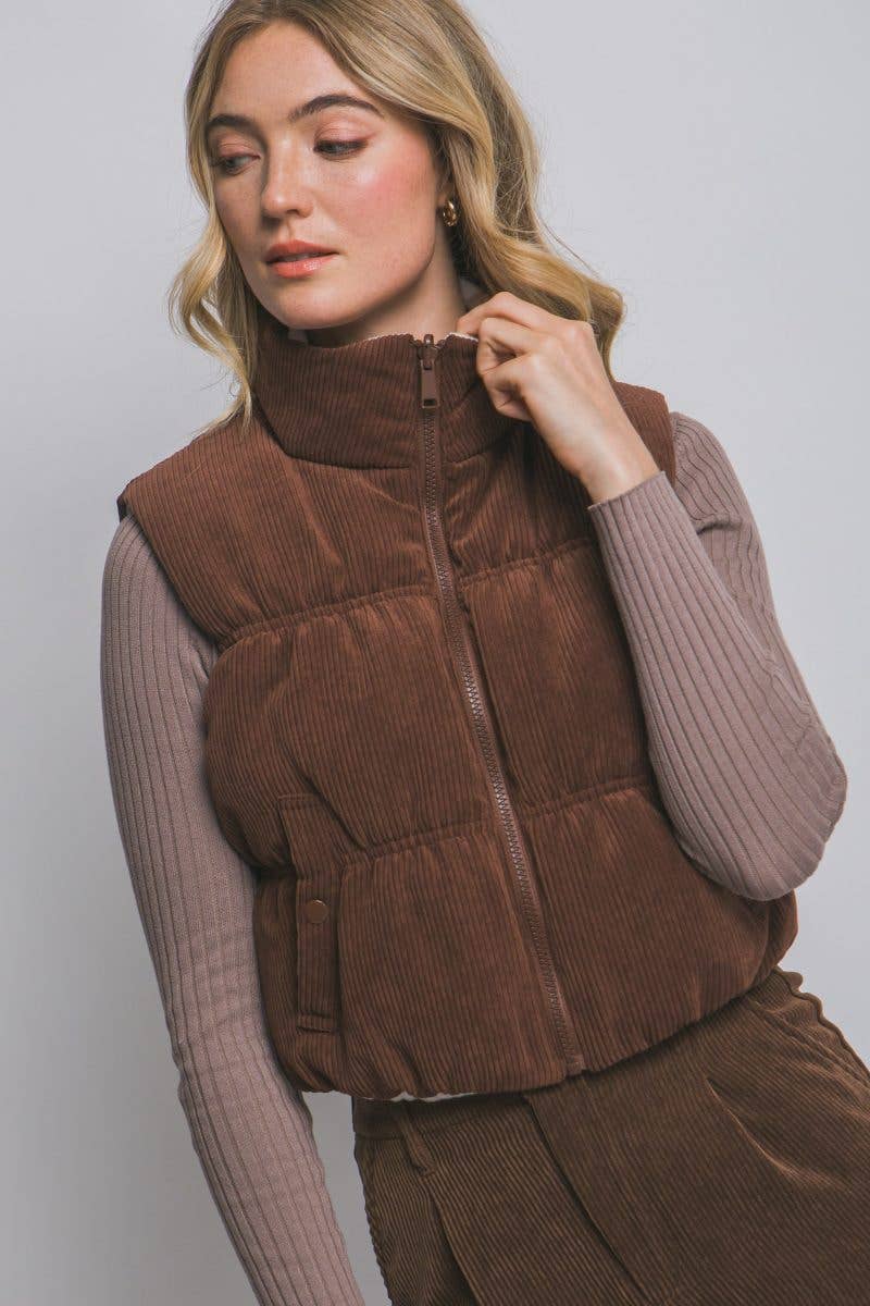 Vanilla Monkey Reversible Cropped Corduroy Puffer Western Vest — Two-Sided Designs with Zip-Up Closure (black available)