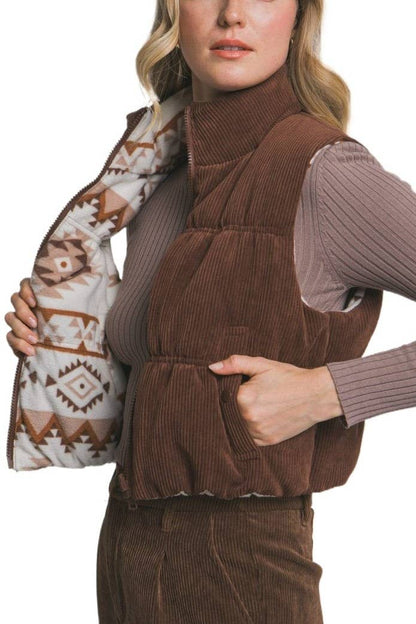 Vanilla Monkey Reversible Cropped Corduroy Puffer Western Vest — Two-Sided Designs with Zip-Up Closure (black available)