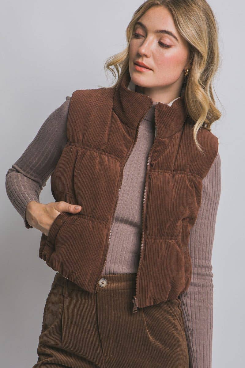 Vanilla Monkey Reversible Cropped Corduroy Puffer Western Vest — Two-Sided Designs with Zip-Up Closure (black available)
