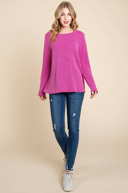 BOMBOM Western Ribbed Top with Pocket — Pumpkin & Fuchsia Cozy Crewneck Made in USA