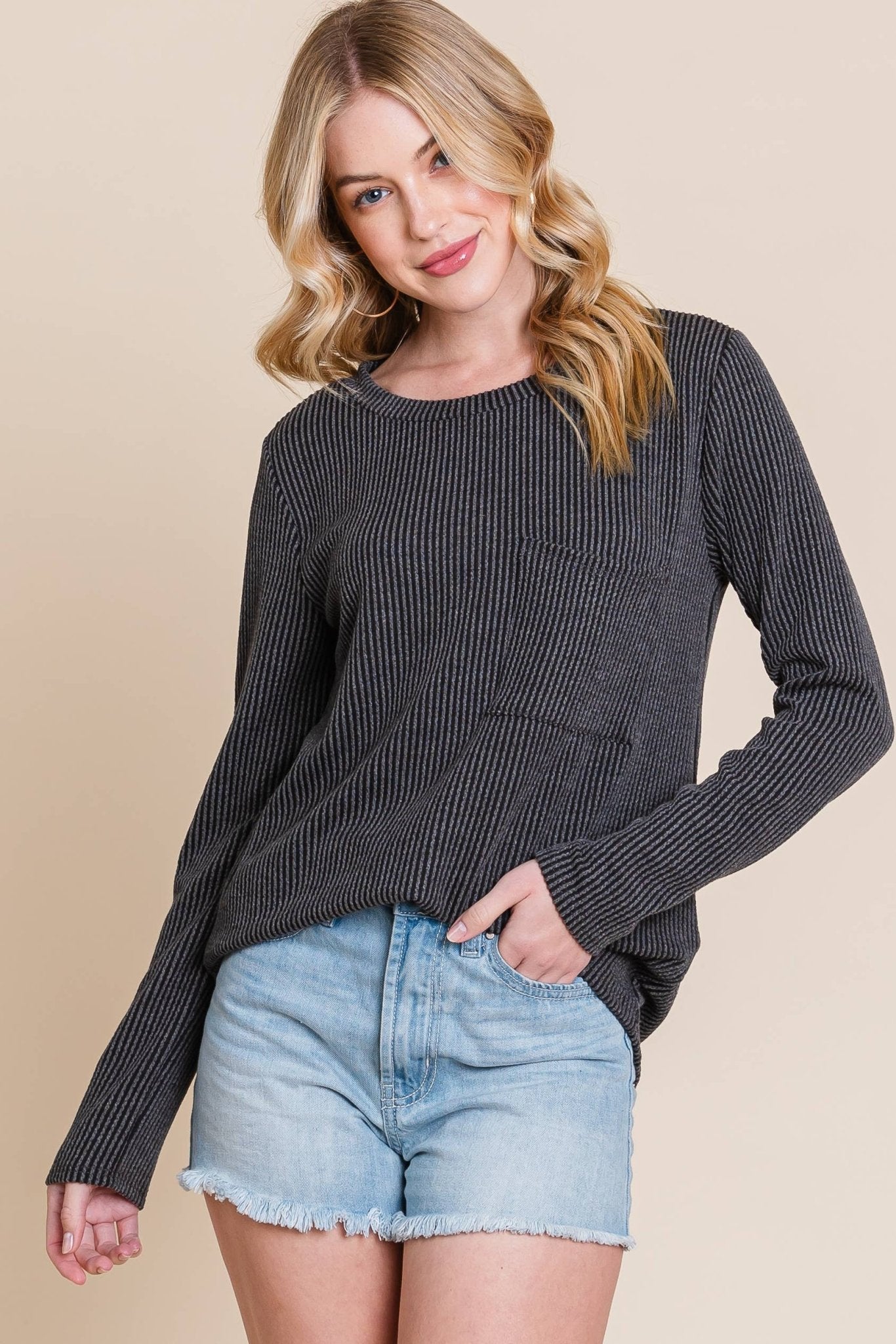 BOMBOM Western Ribbed Top with Pocket — Pumpkin & Fuchsia Cozy Crewneck Made in USA