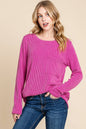 BOMBOM Western Ribbed Top with Pocket — Pumpkin & Fuchsia Cozy Crewneck Made in USA