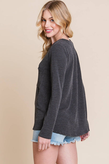 BOMBOM Western Ribbed Top with Pocket — Pumpkin & Fuchsia Cozy Crewneck Made in USA