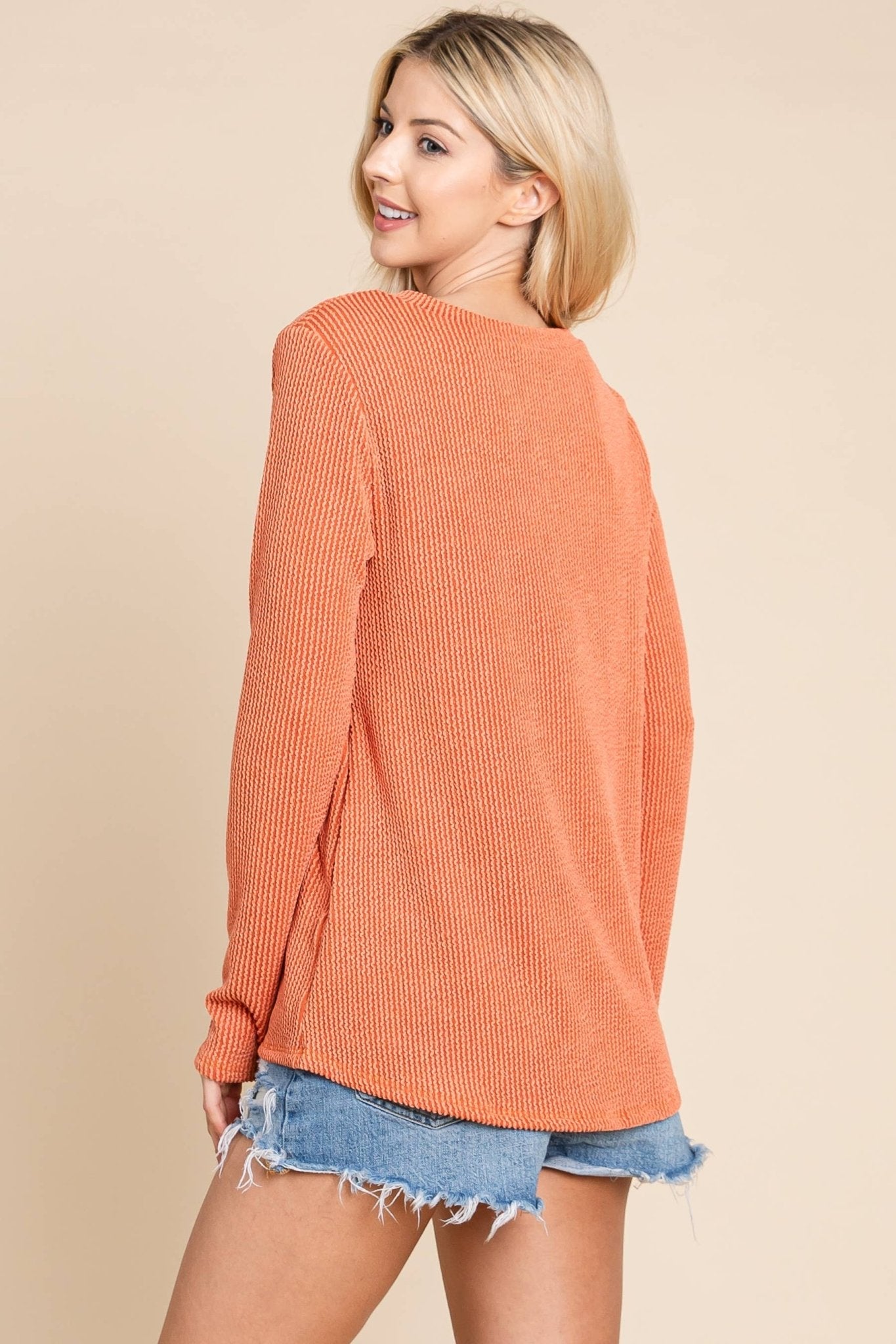 BOMBOM Western Ribbed Top with Pocket — Pumpkin & Fuchsia Cozy Crewneck Made in USA