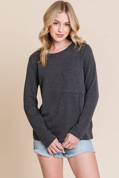 BOMBOM Western Ribbed Top with Pocket — Pumpkin & Fuchsia Cozy Crewneck Made in USA