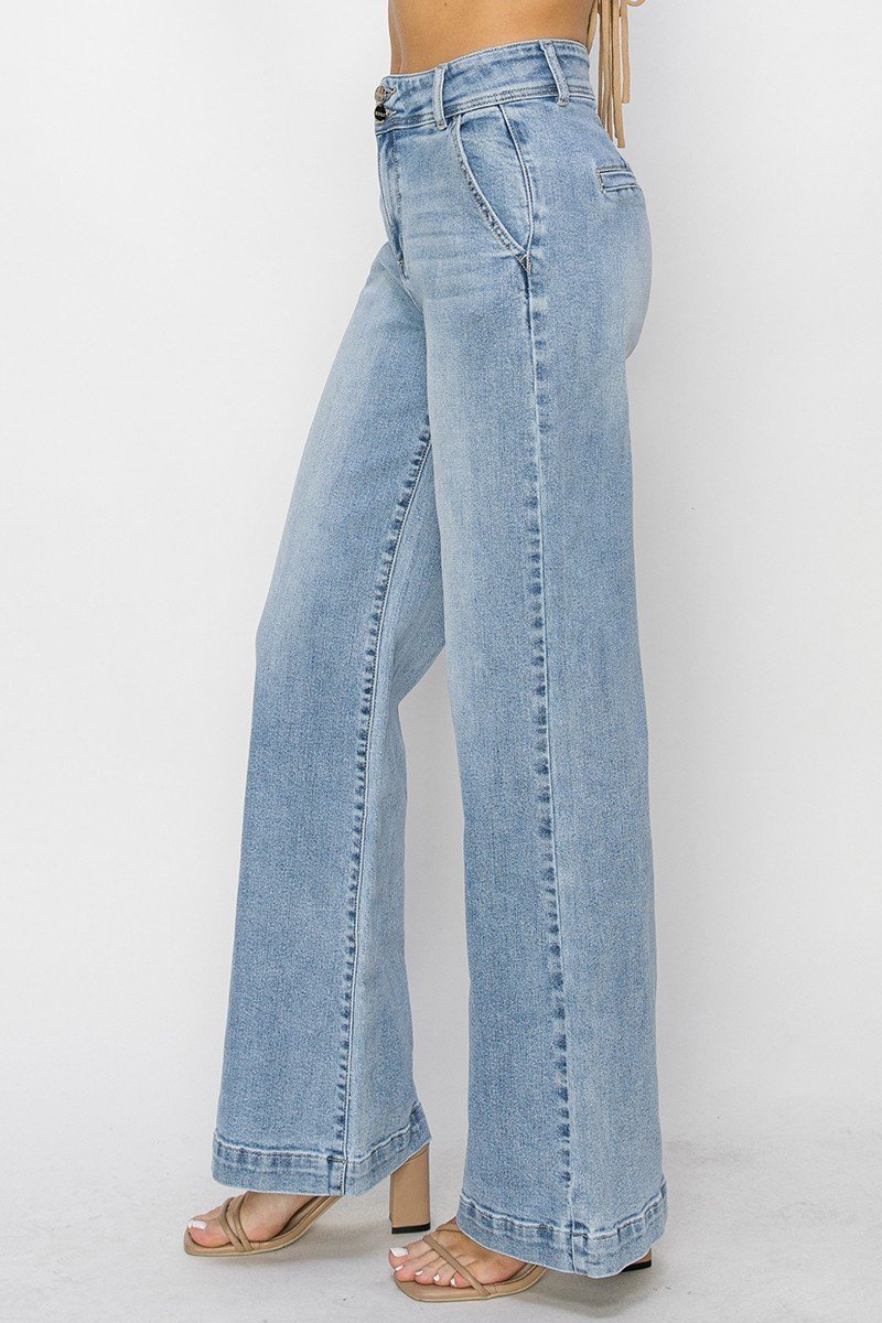 Risen Double Button Wide-Leg Western Jeans — High-Rise Trouser Style with Slash Front and Back Pockets