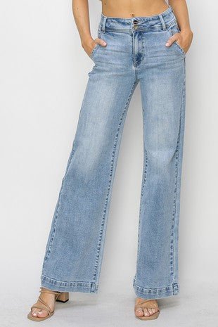 Risen Double Button Wide-Leg Western Jeans — High-Rise Trouser Style with Slash Front and Back Pockets