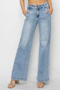 Risen Double Button Wide-Leg Western Jeans — High-Rise Trouser Style with Slash Front and Back Pockets