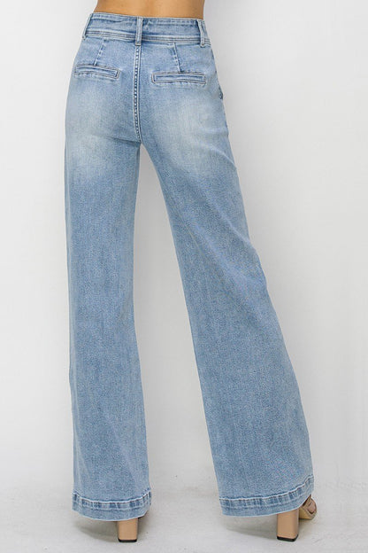 Risen Double Button Wide-Leg Western Jeans — High-Rise Trouser Style with Slash Front and Back Pockets