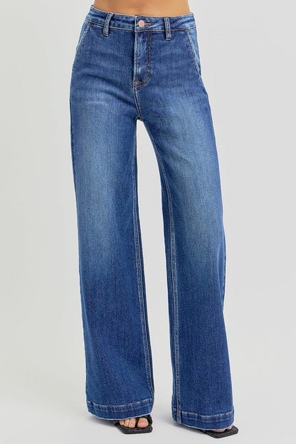 Risen High-Rise Wide-Leg Slanted Pocket Western Jeans — Dark Wash Rugged Style with Back Patch Pocket (Size 0, 5, 9, 13 and 15)