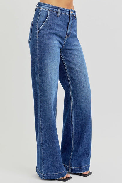 Risen High-Rise Wide-Leg Slanted Pocket Western Jeans — Dark Wash Rugged Style with Back Patch Pocket (Size 0, 5, 9, 13 and 15)