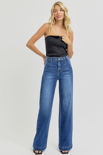 Risen High-Rise Wide-Leg Slanted Pocket Western Jeans — Dark Wash Rugged Style with Back Patch Pocket (Size 0, 5, 9, 13 and 15)