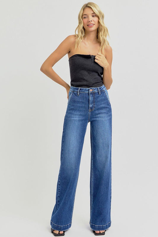 Risen High-Rise Wide-Leg Slanted Pocket Western Jeans — Dark Wash Rugged Style with Back Patch Pocket (Size 0, 5, 9, 13 and 15)