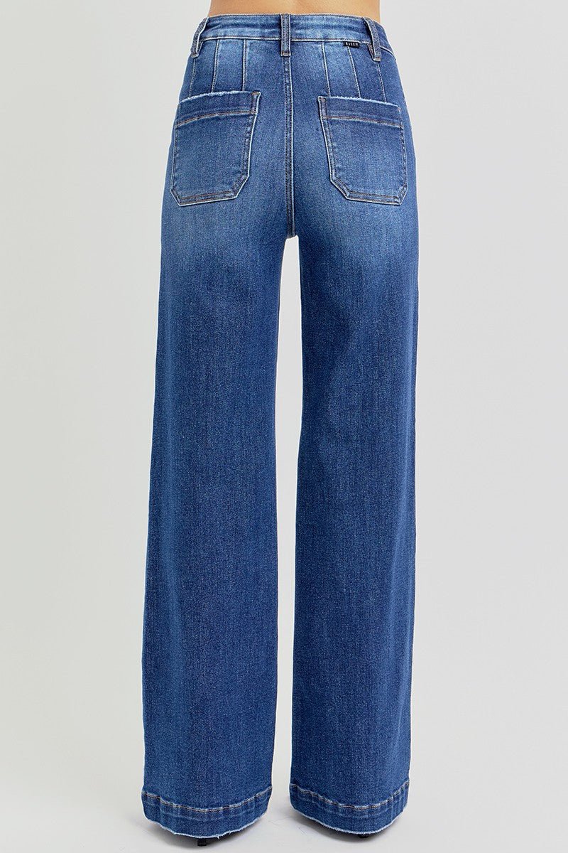Risen High-Rise Wide-Leg Slanted Pocket Western Jeans — Dark Wash Rugged Style with Back Patch Pocket (Size 0, 5, 9, 13 and 15)