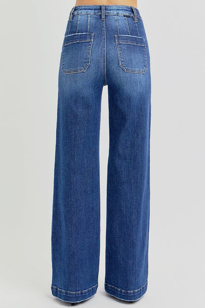 Risen High-Rise Wide-Leg Slanted Pocket Western Jeans — Dark Wash Rugged Style with Back Patch Pocket (Size 0, 5, 9, 13 and 15)
