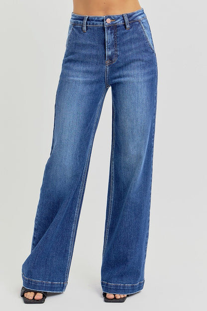 Risen High-Rise Wide-Leg Slanted Pocket Western Jeans — Dark Wash Rugged Style with Back Patch Pocket (Size 0, 5, 9, 13 and 15)