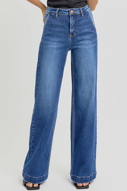 Risen High-Rise Wide-Leg Slanted Pocket Western Jeans — Dark Wash Rugged Style with Back Patch Pocket (Size 0, 5, 9, 13 and 15)
