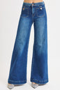 Risen Mid-Rise Wide Front Patch Pocket Western Jeans — Dark Wash with Trouser Hem & Tabbed Patch Pocket