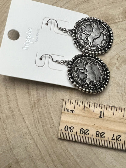 Western Rodeo Cowboy Pendant Earrings — Oxidized Silver Western Statement