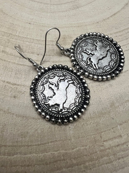 Western Rodeo Cowboy Pendant Earrings — Oxidized Silver Western Statement