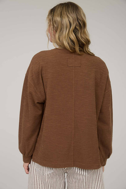 Blu Pepper "Round Up" Western Raw Edge Marled Knit Top — Soft Cotton Blend (Brown or Oatmeal)