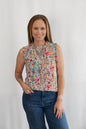 LIME N CHILI Graphic Print Ruffle Mock Neck Sleeveless Western Top — Keyhole Back Detail (Medium remaining)