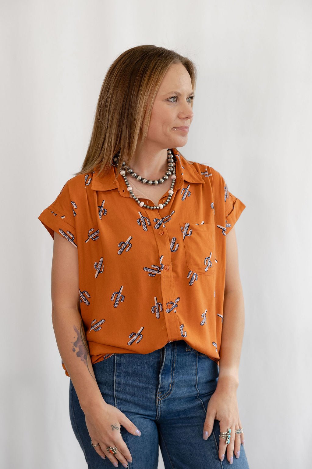 Cotton & Rye "Saguaro Sunset" Western Button-Up Blouse — Rust with Navy Cactus Print (Short Sleeve)