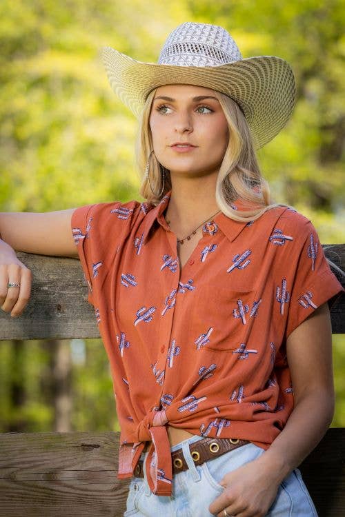 Cotton & Rye "Saguaro Sunset" Western Button-Up Blouse — Rust with Navy Cactus Print (Short Sleeve)