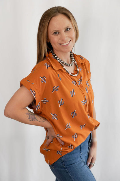 Cotton & Rye "Saguaro Sunset" Western Button-Up Blouse — Rust with Navy Cactus Print (Short Sleeve)