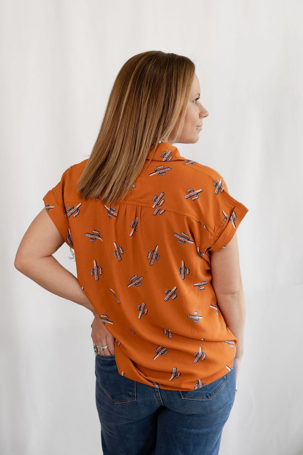 Cotton & Rye "Saguaro Sunset" Western Button-Up Blouse — Rust with Navy Cactus Print (Short Sleeve)