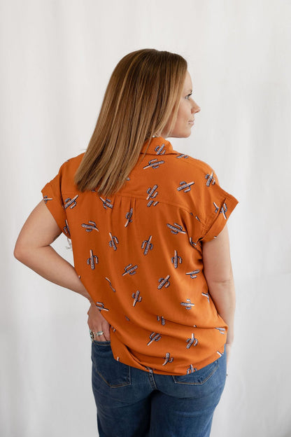 Cotton & Rye "Saguaro Sunset" Western Button-Up Blouse — Rust with Navy Cactus Print (Short Sleeve)