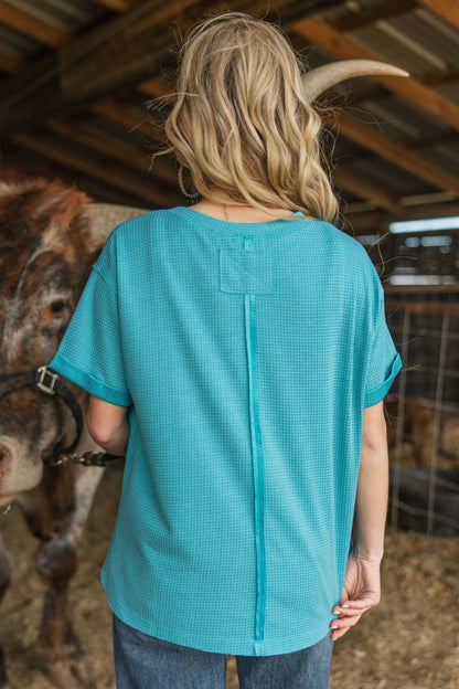 Andrée by Unit "Santa Anna" Two-Tone Short Sleeve Textured Western Top — Stretchy Knit with Raw-Edged Back Patch (5 Colors)