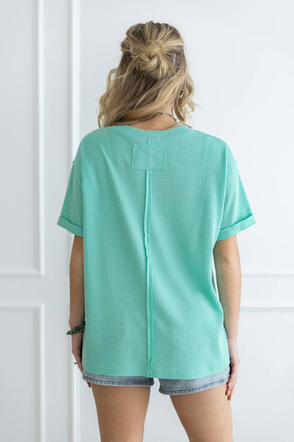 Andrée by Unit "Santa Anna" Two-Tone Short Sleeve Textured Western Top — Stretchy Knit with Raw-Edged Back Patch (5 Colors)