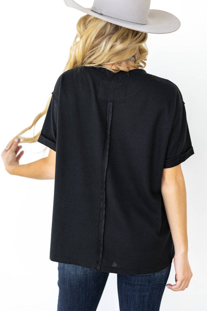 Andrée by Unit "Santa Anna" Two-Tone Short Sleeve Textured Western Top — Stretchy Knit with Raw-Edged Back Patch (5 Colors)