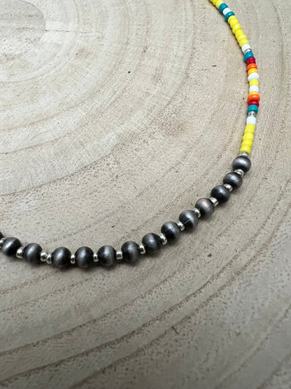 Western Seed Bead Choker with Faux Navajo Pearls — 13 Inch with Extender