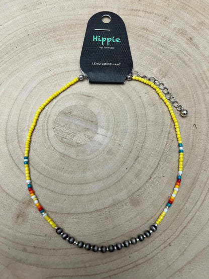 Western Seed Bead Choker with Faux Navajo Pearls — 13 Inch with Extender
