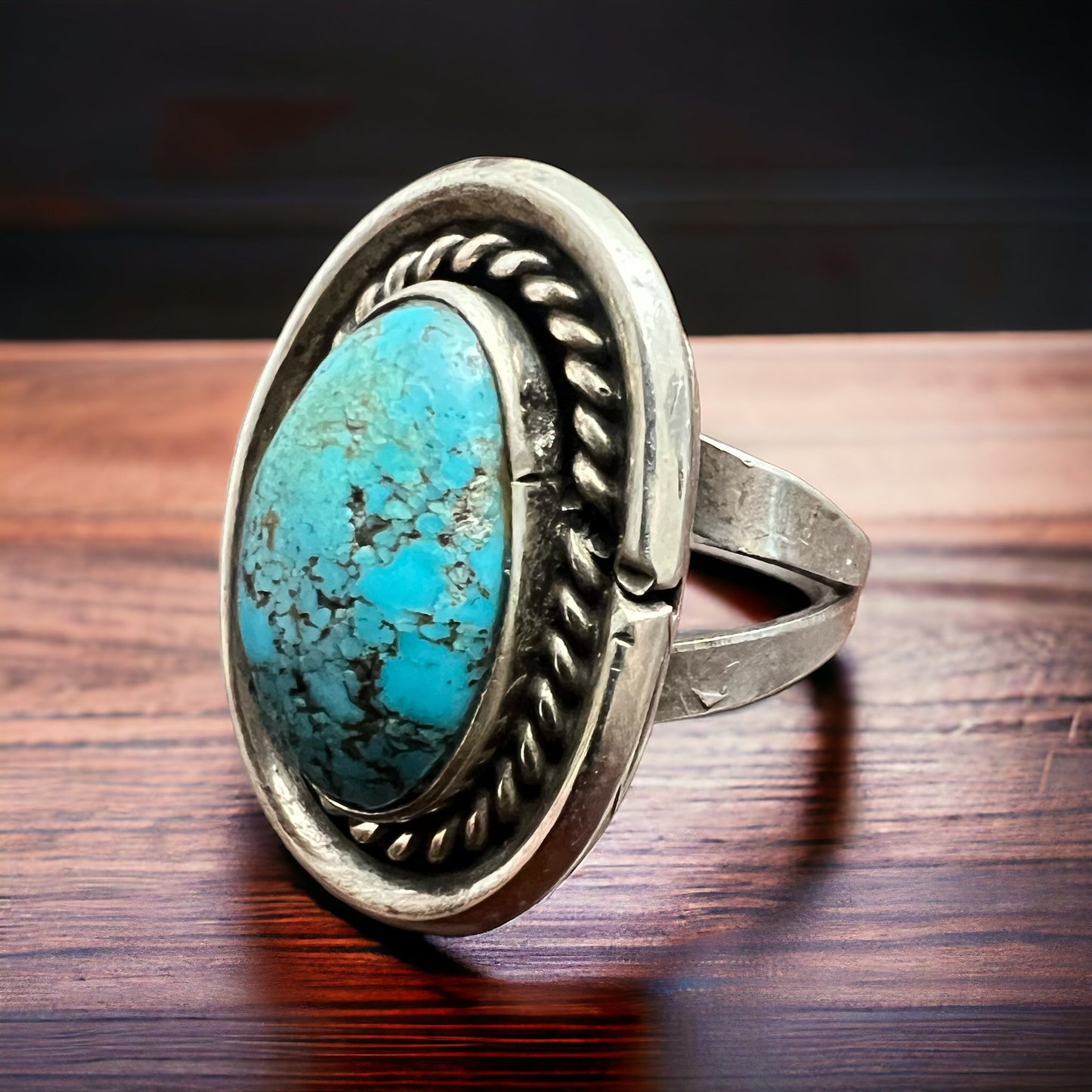 Vintage Sterling Silver Turquoise Ring with Shadowbox & Rope Back — Size 8