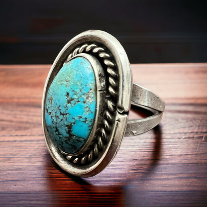 Vintage Sterling Silver Turquoise Ring with Shadowbox & Rope Back — Size 8