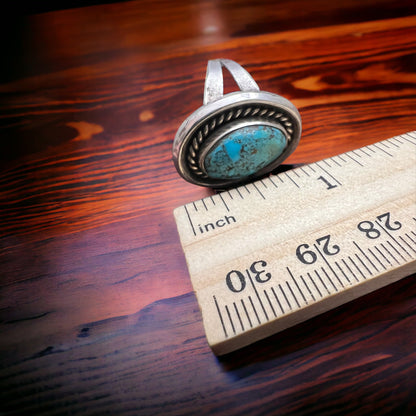 Vintage Sterling Silver Turquoise Ring with Shadowbox & Rope Back — Size 8